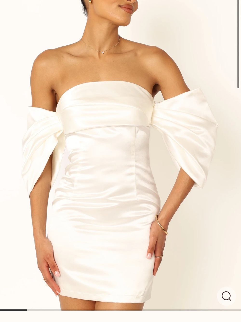 Petal & Pup Strapless White Satin Mini Dress with Puff Draped Sleeves